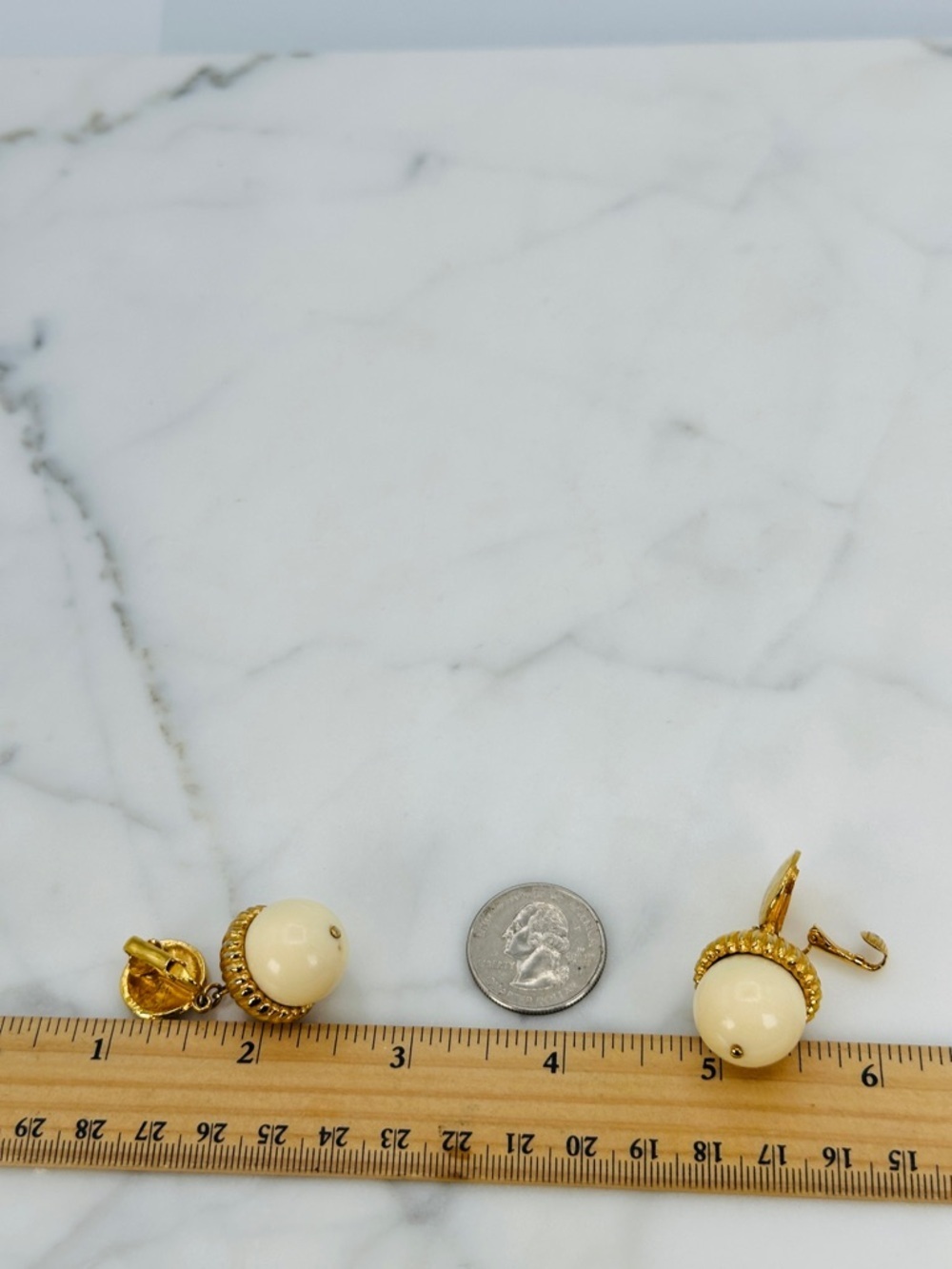 Vintage Cream and Gold Drop Clip On Earrings Hammered Disc with Ribbed Acorn Top - Picture 9 of 10